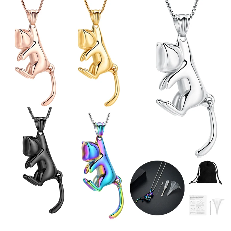 

Cute Cat Pendant Necklace Cremation Urn Stainless Steel Jewelry For Pet Ashes Memorial Keepsake Customized Necklaces