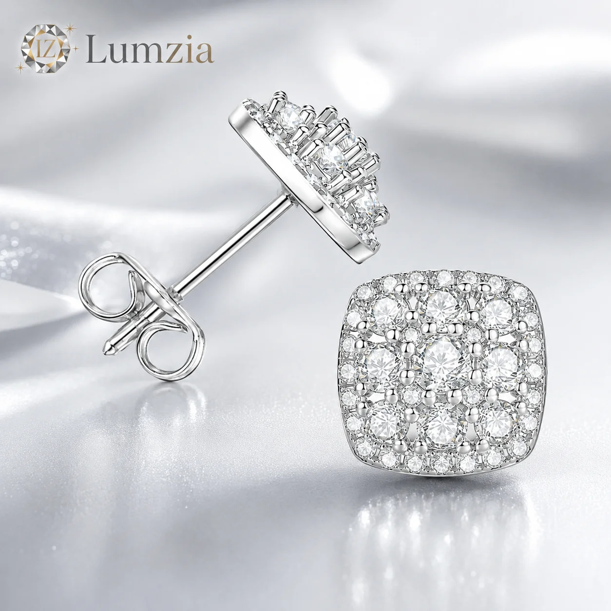 Moissanite Square Stud Earrings 1.04CT D Color VVS1 Pave Geometric Plated Copper Earrings GRA Certificate Gift for Women
