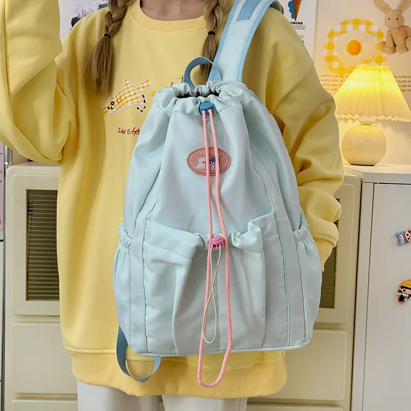Sweet Girls Solid Drawstring Backpack Large Capacity Multi Pocket Bag Light Wear Resistant Daypack For Travel Daily Commute