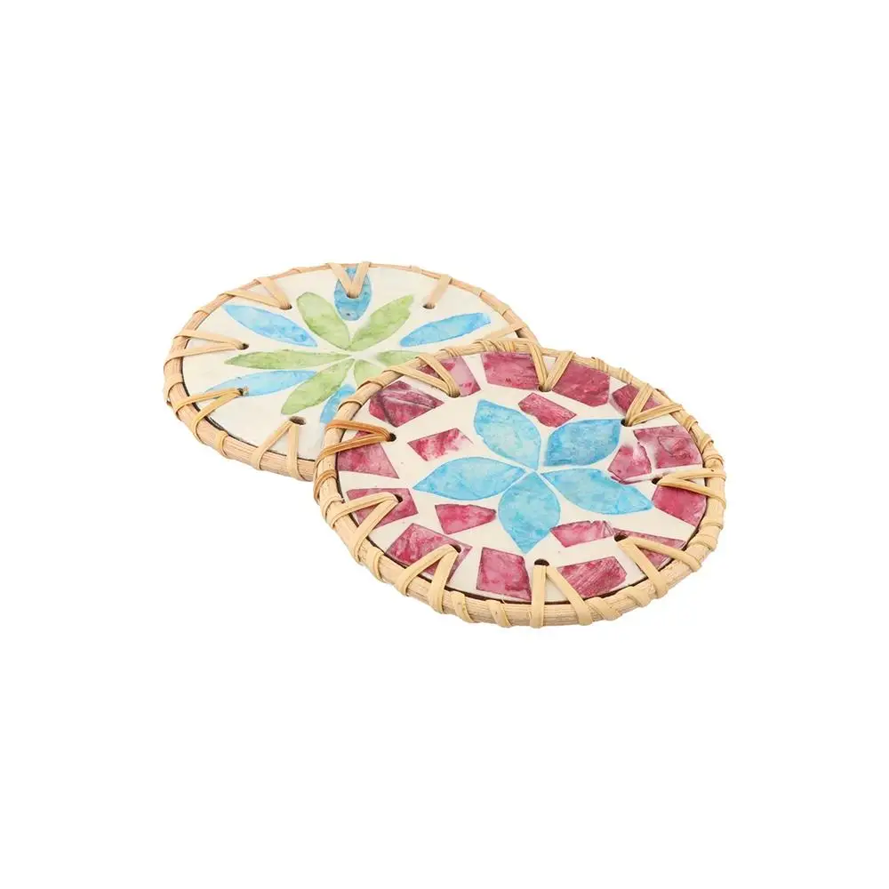 Placemat 10cm Rattan Shell Cup Mat Colorful Bohemian Style Seashell Cup Mat Round Coaster Dining Table