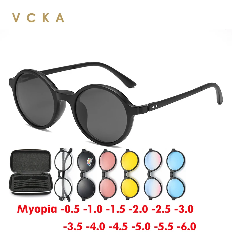 

Женские солнцезащитные очки для близорукости VCKA, круглые поляризационные очки 6 в 1 из TR90, оптические очки с магнитным зажимом для вождения по рецепту от-0,5 до-6,0
