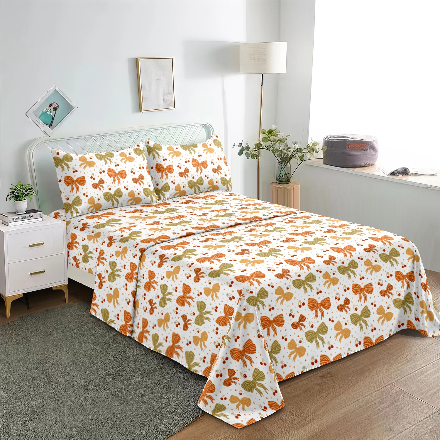 3Pcs Retro Orange Green Bowknot Flat Sheet Set, White Vintage Bow Print Flat Sheet Fitted Sheet,Coquette Aesthetic Bedroom Decor