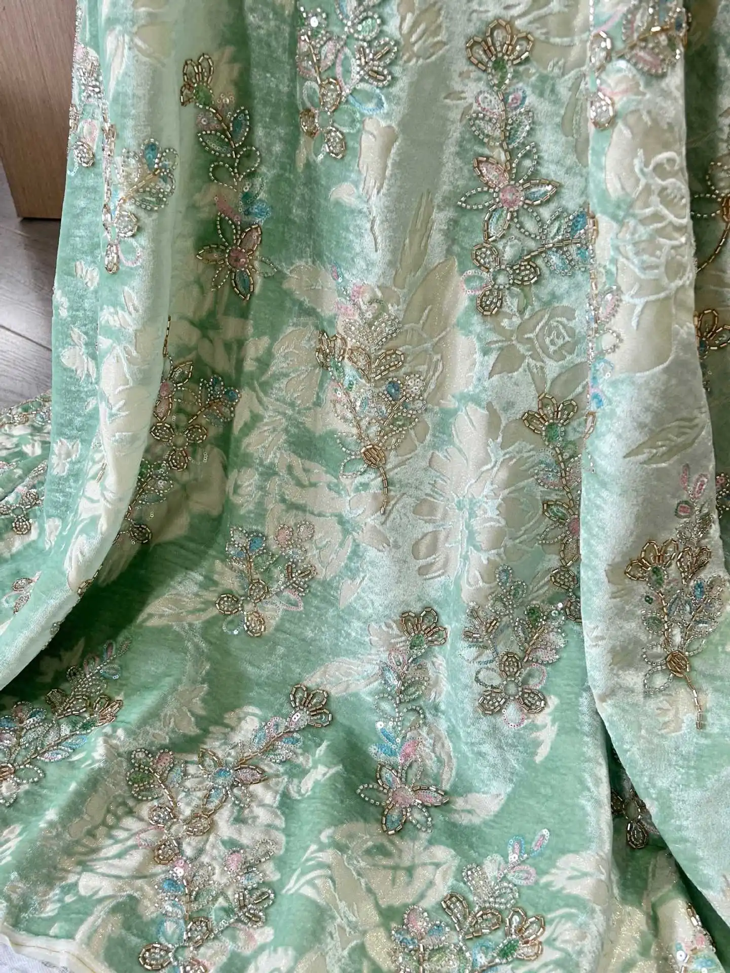 Heavy-duty 3D pearl tube sequin embroidered velvet jacquard fabric for high-end custom dresses vests skirts garments fabric