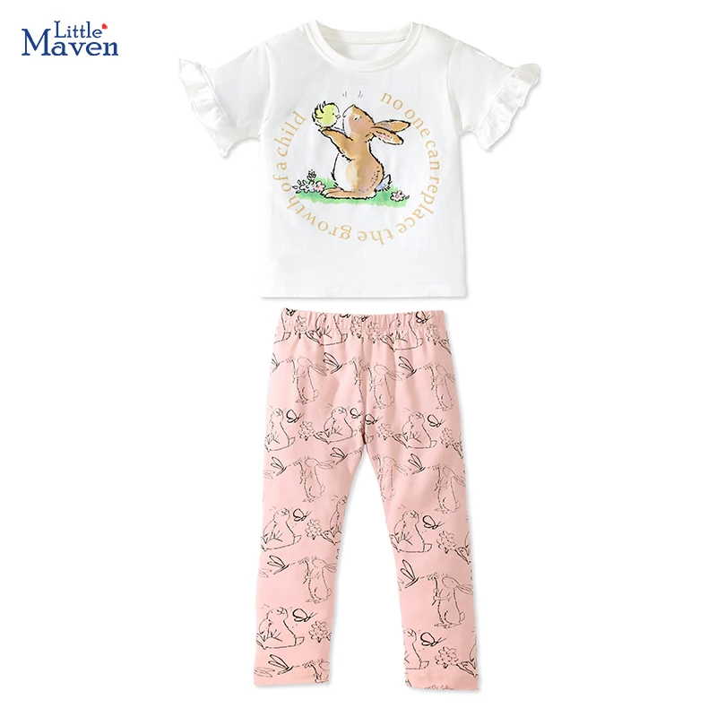 

Little maven Baby Girls 2024 Summer Set Tracksuit Kids Outfit Clothes Sets Cartoon Rabbits Children Tops+Pants Clothes Cotton