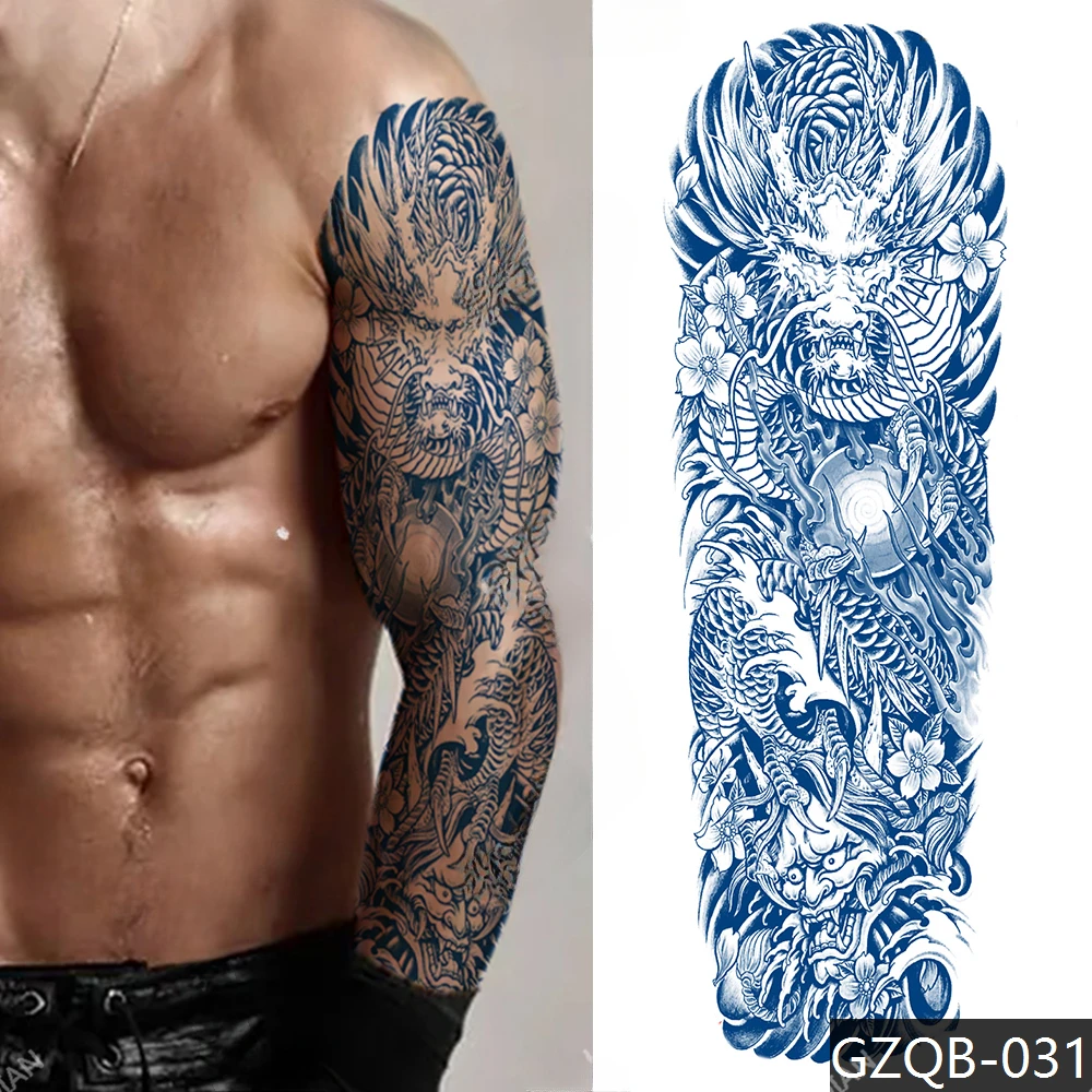 Faux autocollant de tatouage d'encre de jus pour hommes et femmes, bras complet, semi-continu, cool, grand totem de l'alphabet, durée de 15 jours