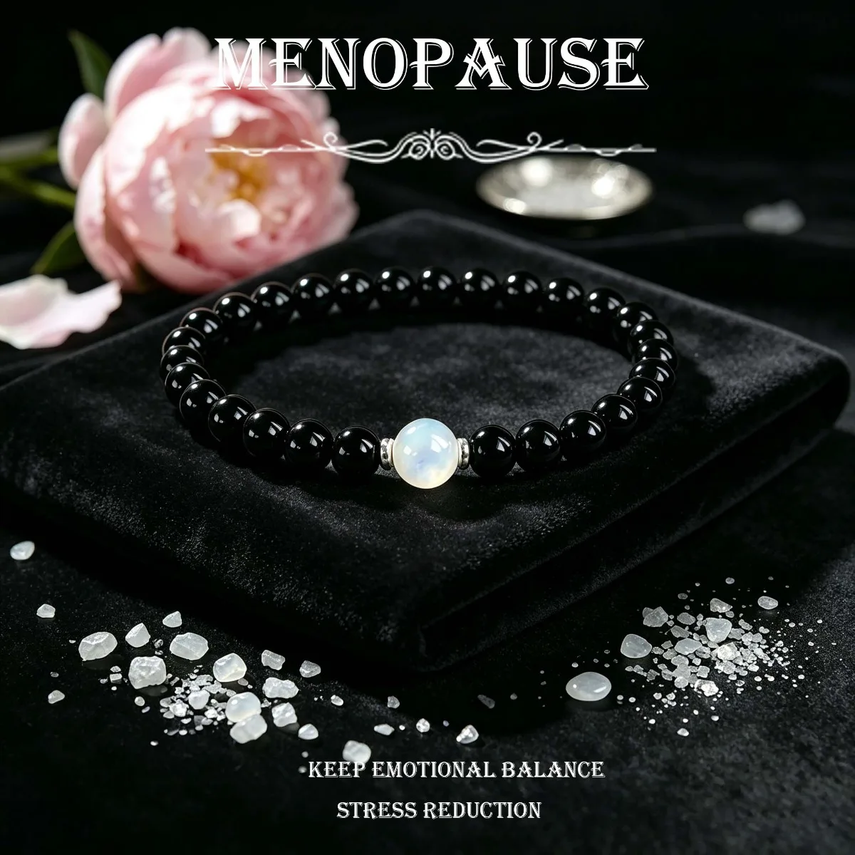 Menopausal obsidian and moonstone bead bracelets help maintain emotional balance, fashionable wrist jewelry for men and women