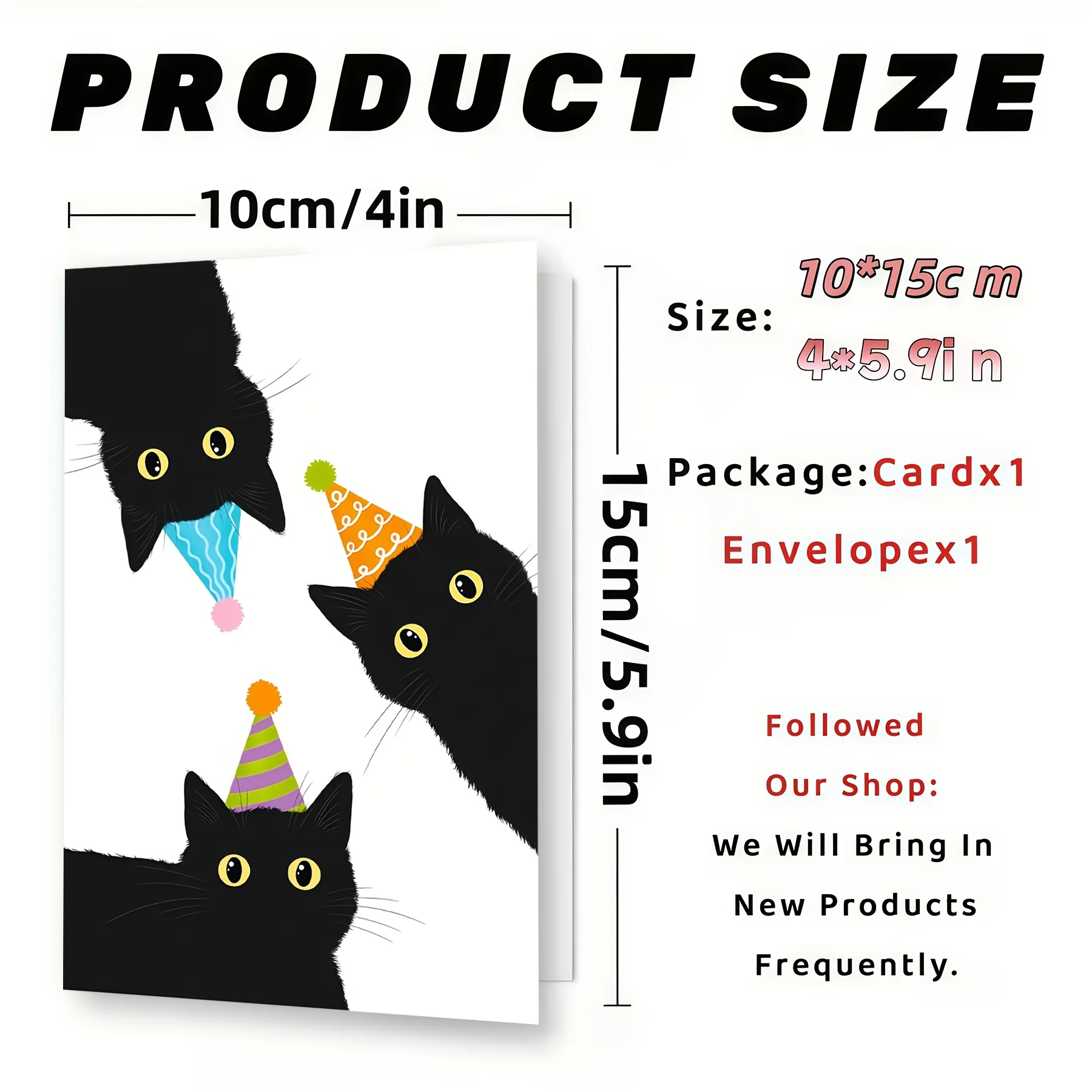 Cute Black Cat Happy Birthday Card, Cartoon Kitten Card with Party Hat, Fun Birthday Celebration Card with Envelope - view 3