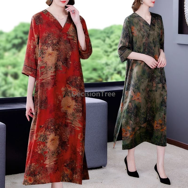 

2025 винтажный халат в китайском стиле, повседневное улучшенное свободное повседневное женское платье с v-образным вырезом, элегантное модное Ципао с художественным принтом в литературе