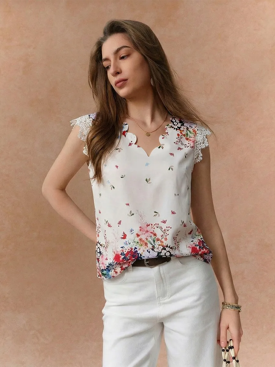 

Summer Women's Blouse Floral Print Sleeveless Blouses Loose Fit Crop Length Chiffon Blouse Multi Color Floral Sheer Fabric Top