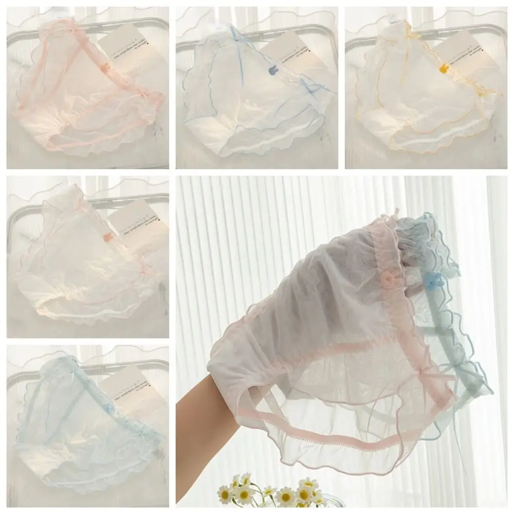 French Cotton Crotch Ruffles Bow Ribbon Briefs Lace Quick-drying Transparent Panties Lolita Mesh Breathable Underwear Girl