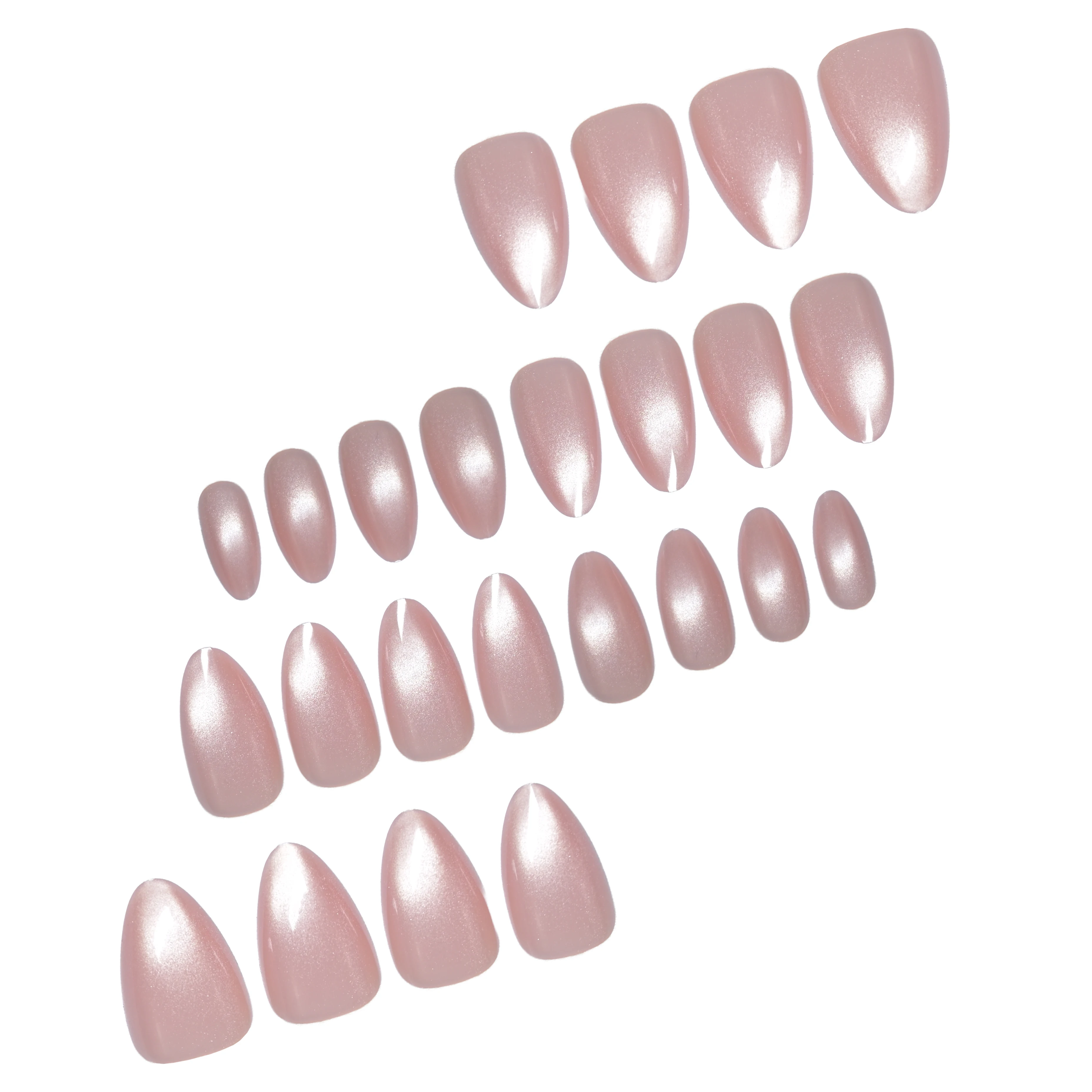 Full set of 24‑piece medium almond fake nails‑champagne pink cat‑eye pearlescent glossy finish, solid simple style, reusable fal