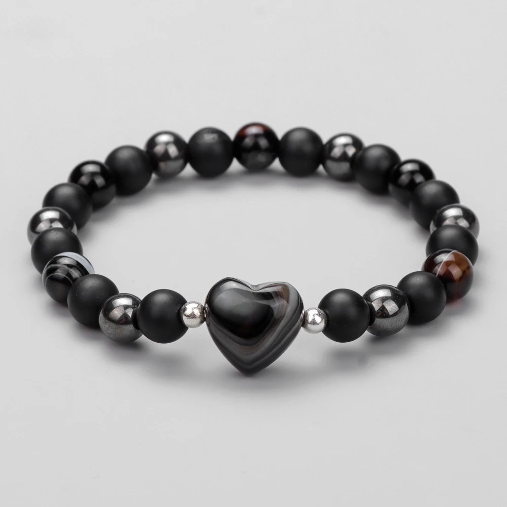 Black Stripe Agate Heart Charm Bracelets Natural Stone Heamatites Onyx Beads Bracelets For Women Men Energy Yoga Bangles Jewelry