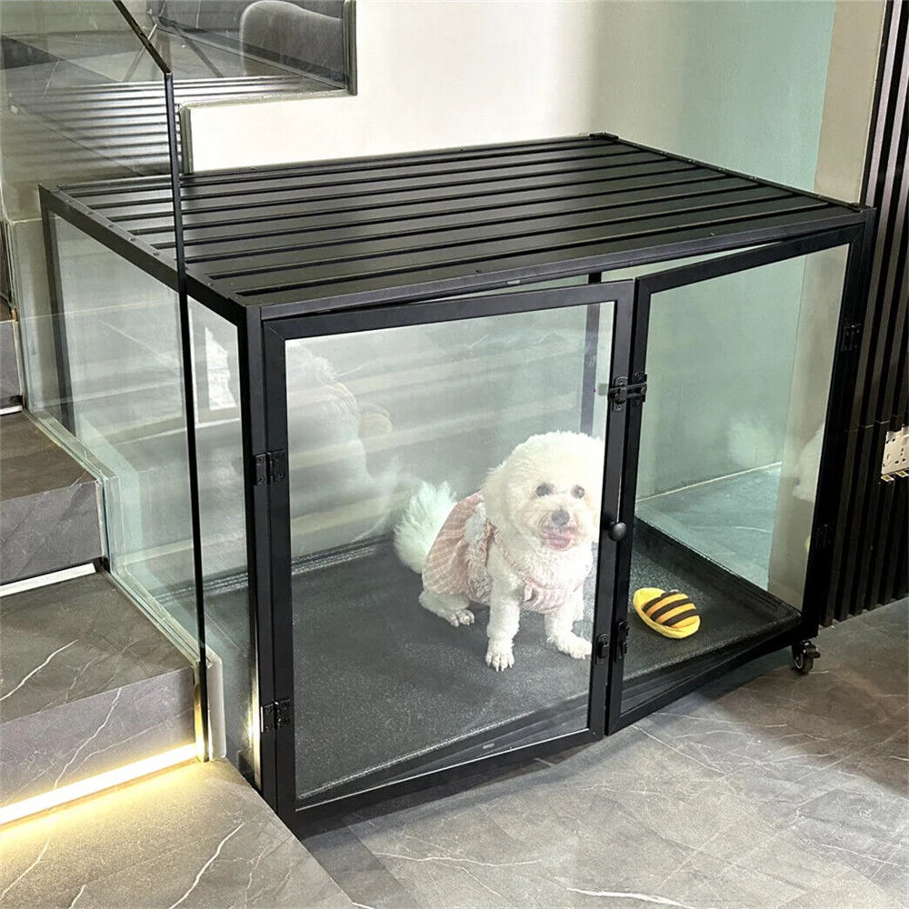 Stylish Anti-Scratch Tempered Glass Dog Crate Furniture Side End Table Aluminium Frame Pet Dog Kennel Cage on Wheels with Tray