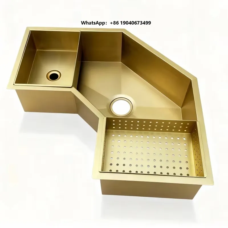 Luxury Bespoke Handmade Single Bowl L Shape Corner Kitchen Sink Solid Brass Architectural Villa Sink Undermount Installation xyl