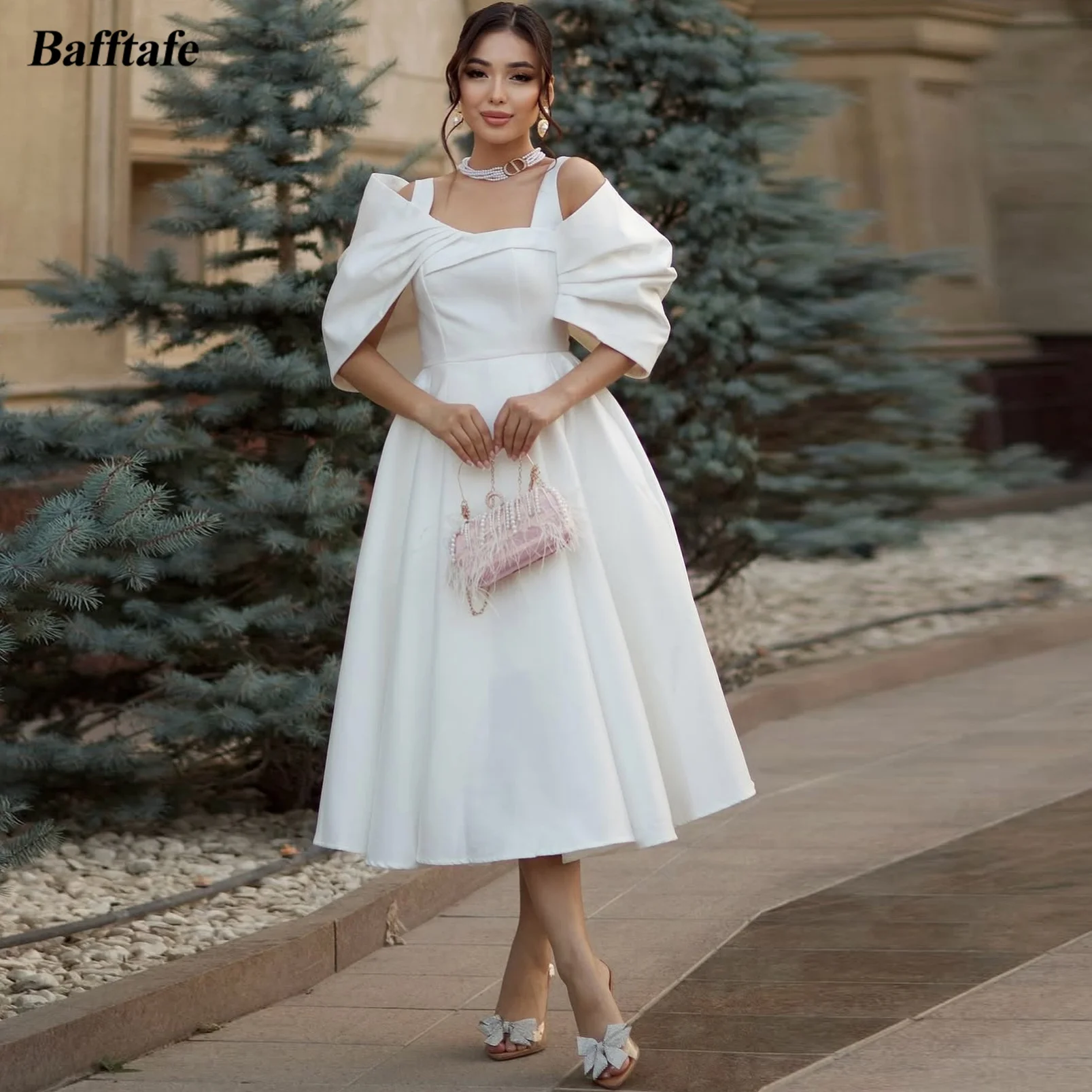 

Bafftafe A Line Satin Customized Prom Dresses Tea-Length Midi Women Evening Dress Off The Shoulder Formal Occasion Party Gowns