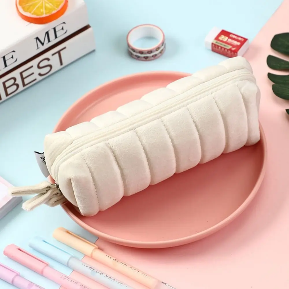 Pencil Bag Large Capacity Plush Pen Bag Bread 2 Layers Cloud Bread Pencil Case Creative Cloud Plush Storage Bag Girls