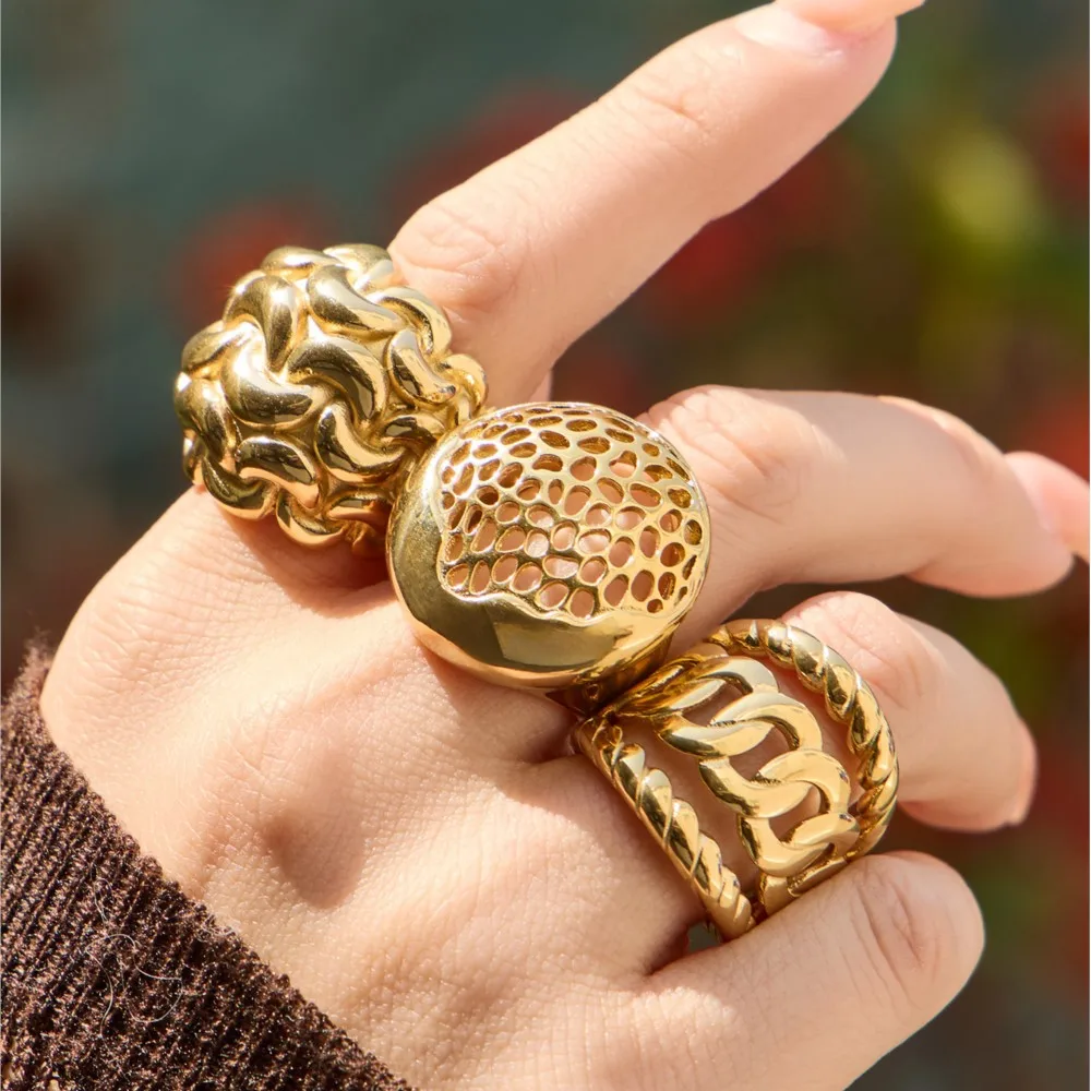 Statement Interwoven Textured Chunky Rings for Women 18K Gold Plated Stainless Steel Ring Vintage Hollowed Bold Keeper Rings