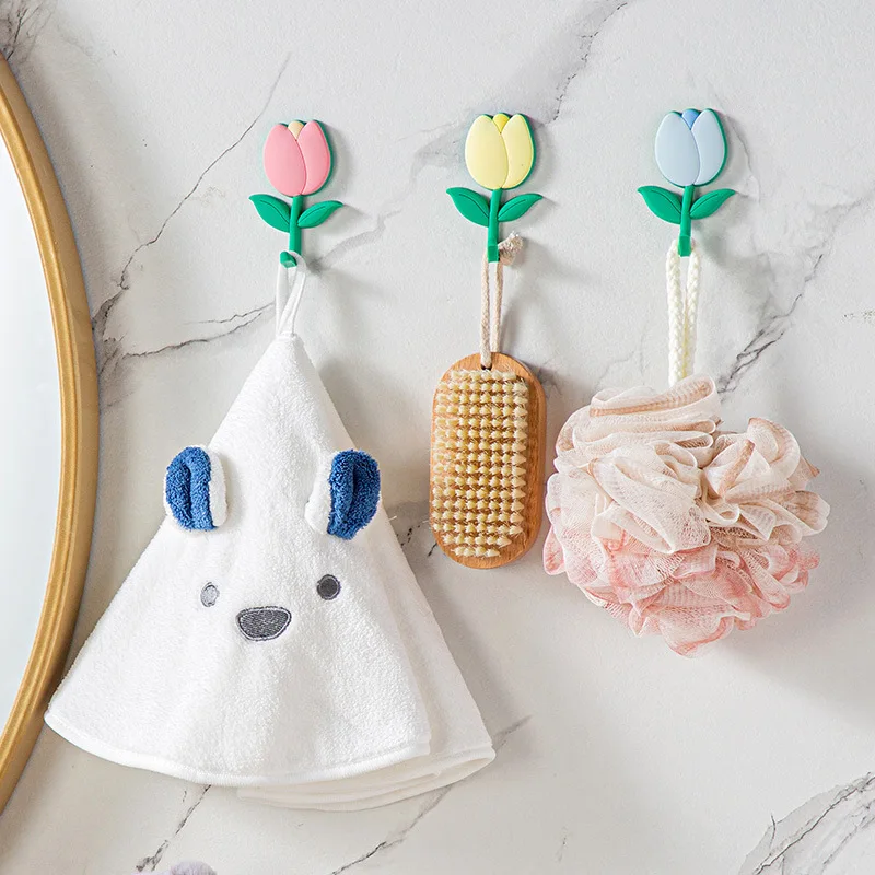 Tulip Flower Adhesive Fridge Hooks for Keys Wall Crochet Holder Removable Kitchen Hook Home Decor Washed Holder Wall Hook Decor