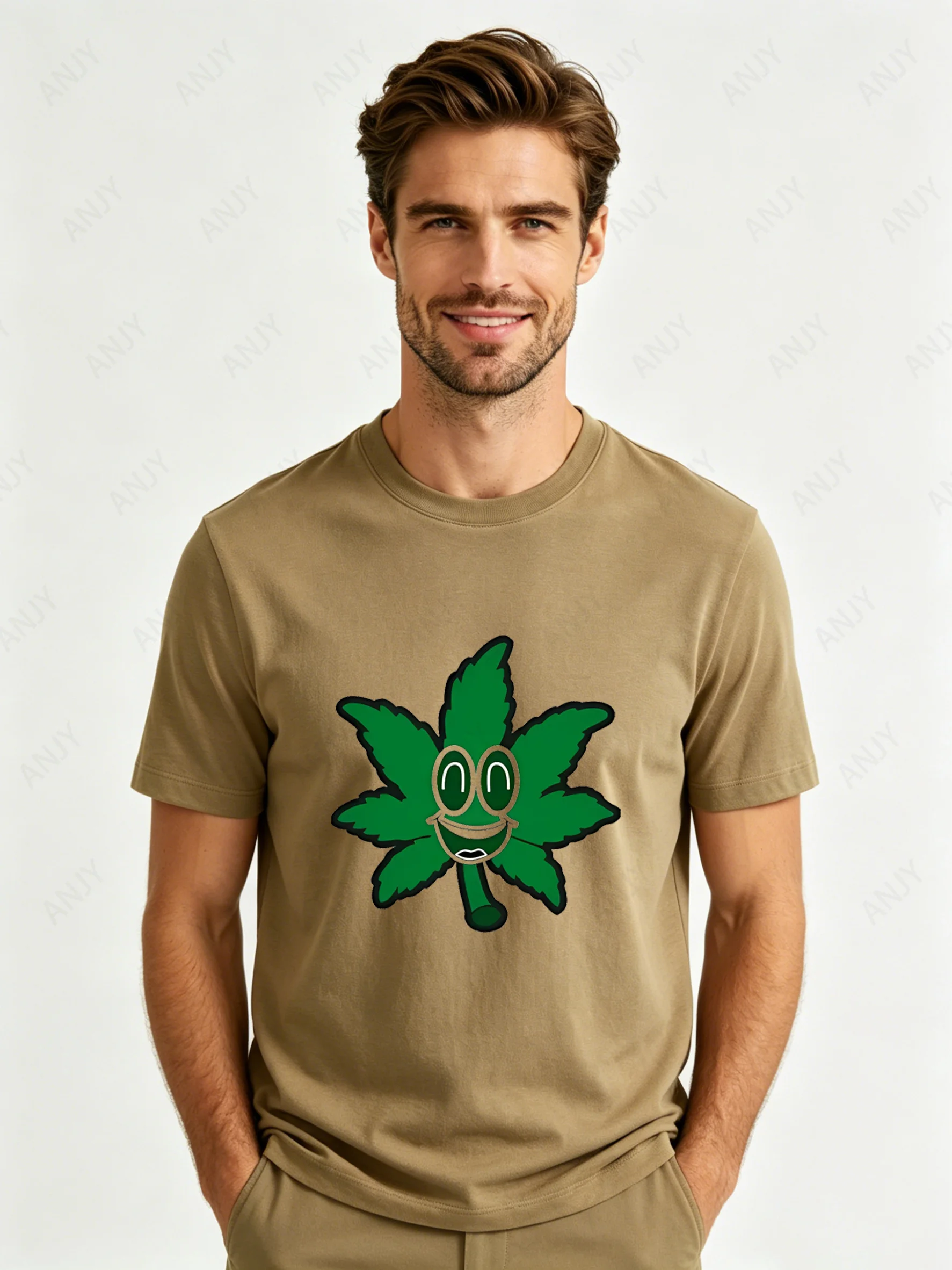 Fun-and-Funny-Smiling-Face-Marijuana-Leaf-Pattern-T-shirt-Cartoon-Style-Pure-Cotton-Round-Neck-Versatile-Short-Sleeved-Top