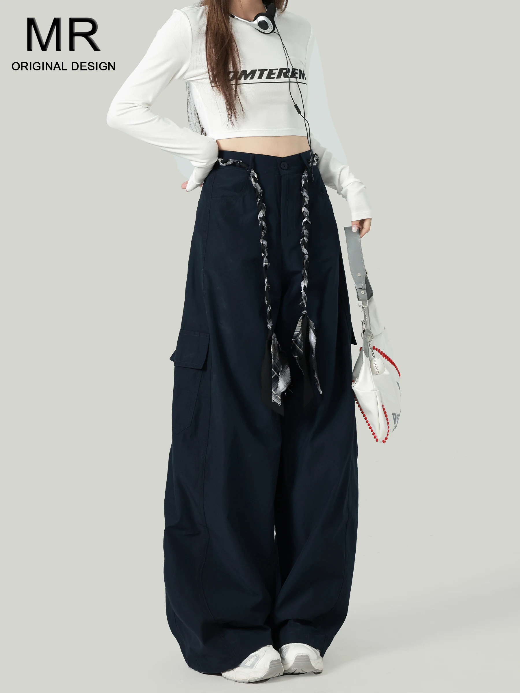 

American High Waist Wide Leg Work Pants Women's Summer New Knitted Belt Loose Slimming Design Casual Pants Straight Leg