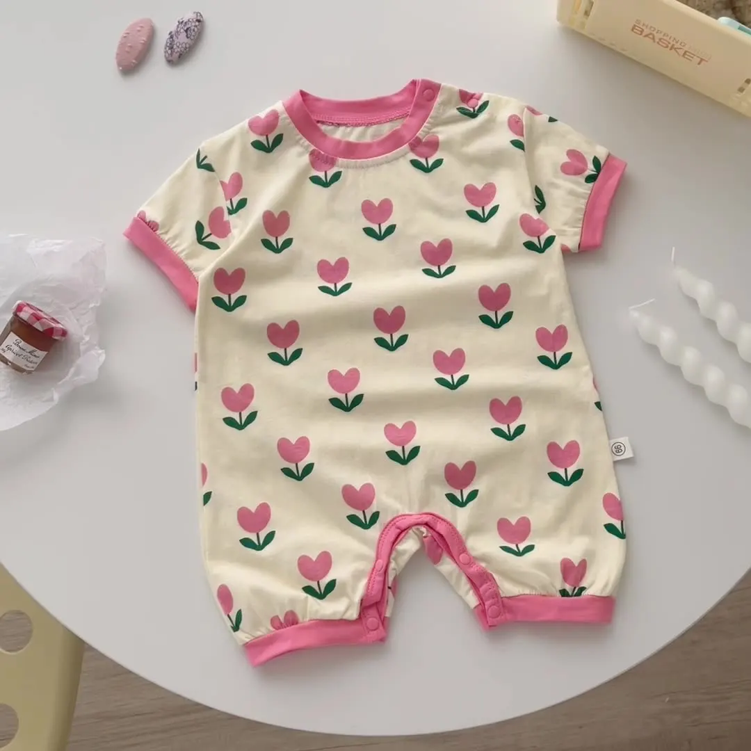 Летняя одежда для девочек от 0 до 2 лет, детские комбинезоны с короткими рукавами, розовые комбинезоны с принтом тюльпанов, наряд для маленьких девочек