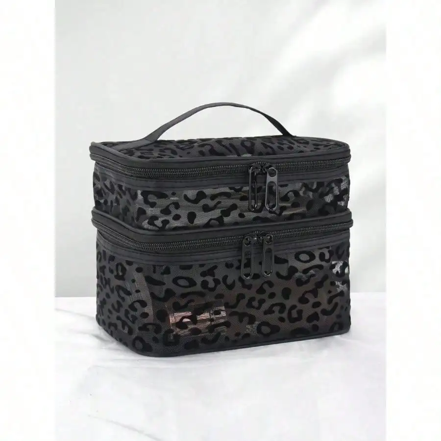 Borsa per cosmetici a doppio strato in rete nera con stampa leopardata da 1 pezzo, organizer portatile per trucco e articoli da toilette