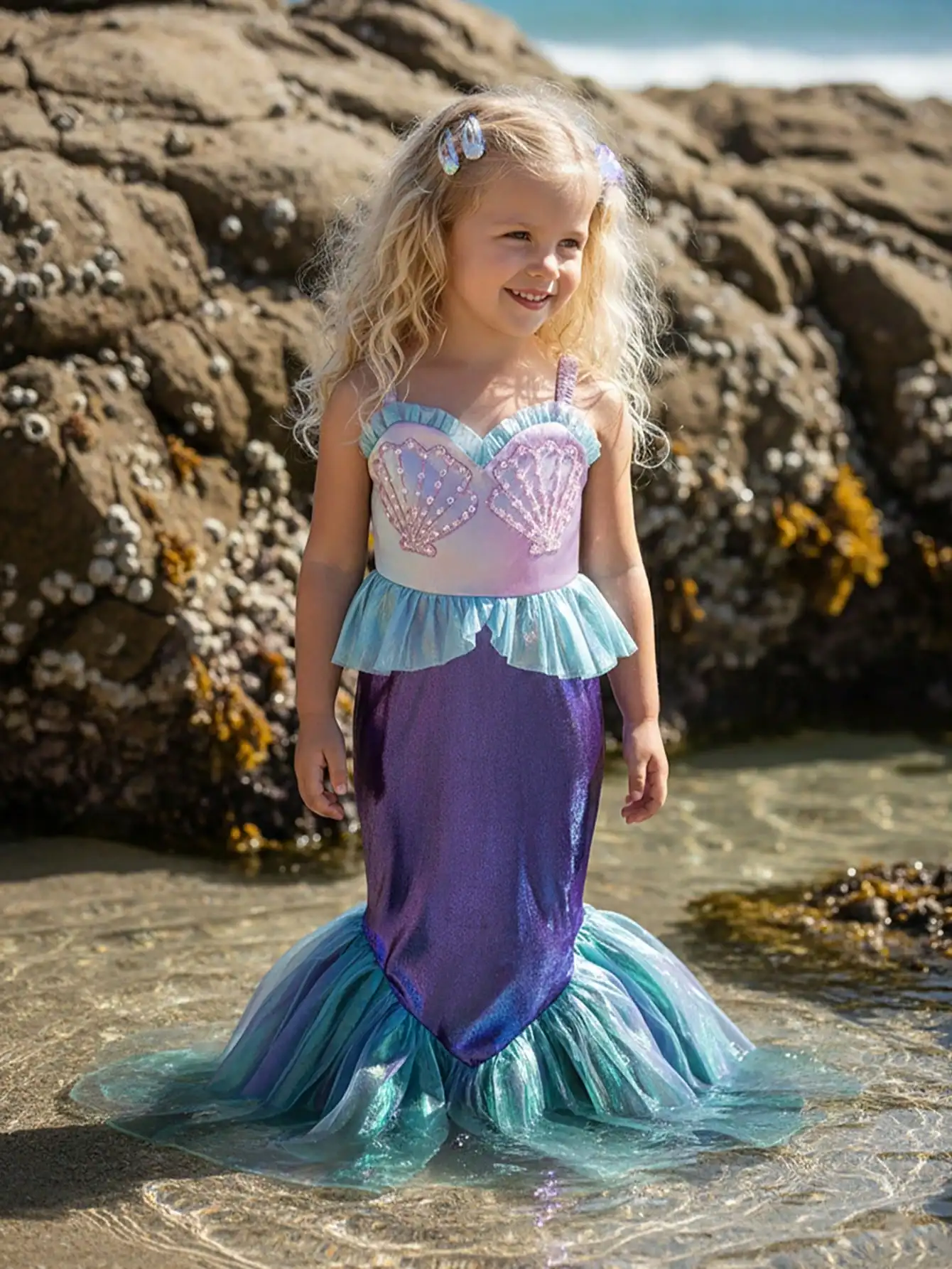 Summer New Girls Mermaid Flying Sleeves Sequin Cosplay Dress Children's Day Halloween School Party Dress for 3 4 5 6 7 8 Years