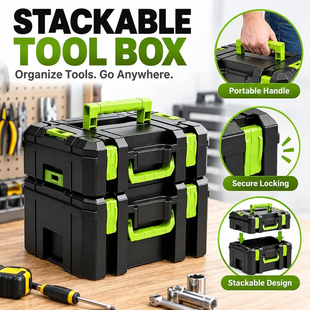 Durable Stackable Tool Box Carry Handle Household Grade Tool Storage Box Locking Clasps Hardware Organizer Case Household Use