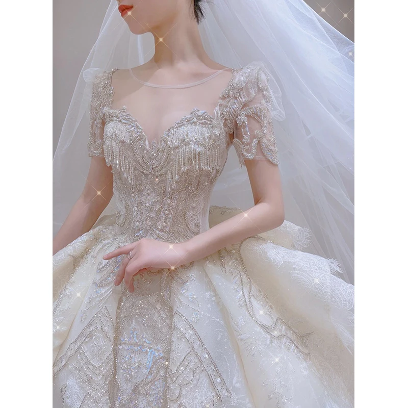 Luxury Vintage Shiny Wedding Dress 2024 New Long Train Bride Dress Big Beading Ball Gown Wedding Dresses Plus Size Customized