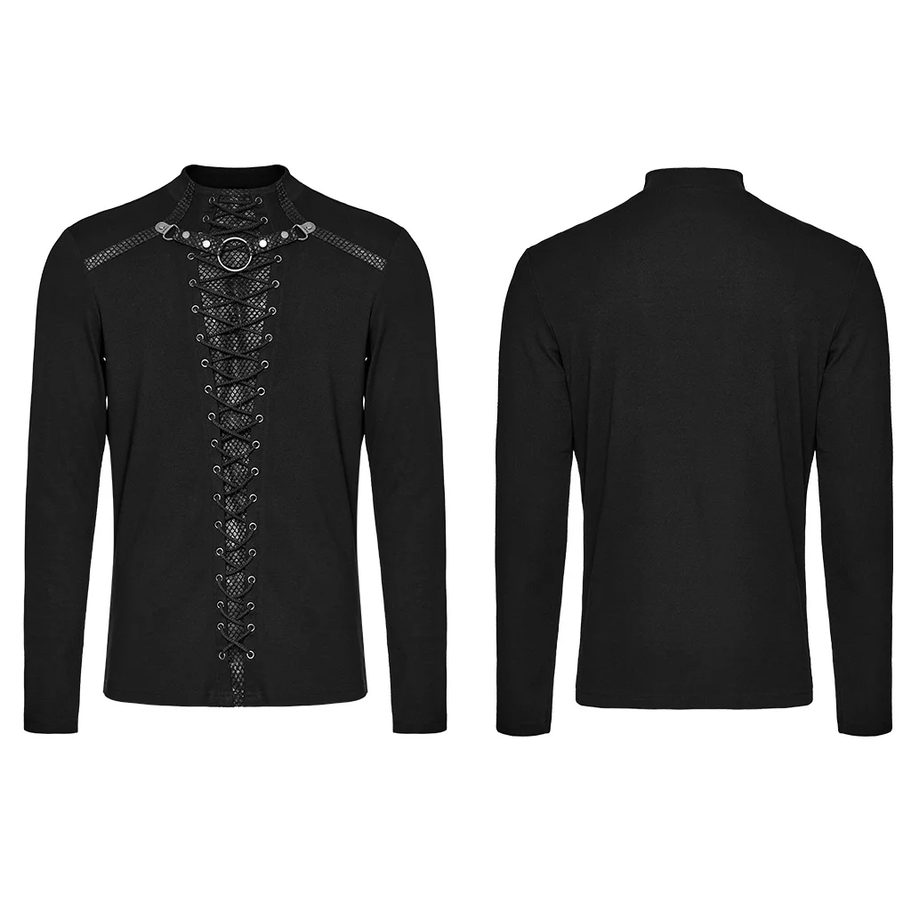 PUNK RAVE Men's Punk Long Sleeve T-shirt, Black Cotton Elastane Lace Up Stand Collar Gothic Top WT896