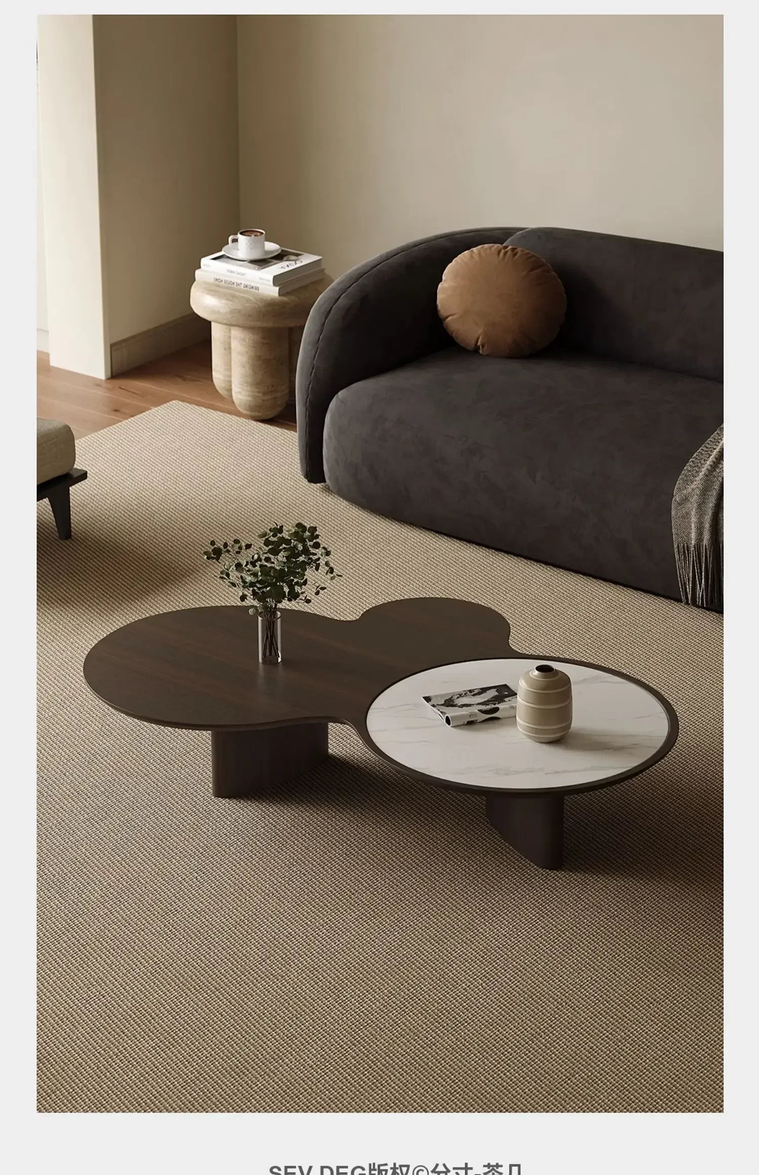 

LD25Walnut Coffee Table Large Size Small Apartment Italian Minimalist Clouds Stone Plate Tea Table