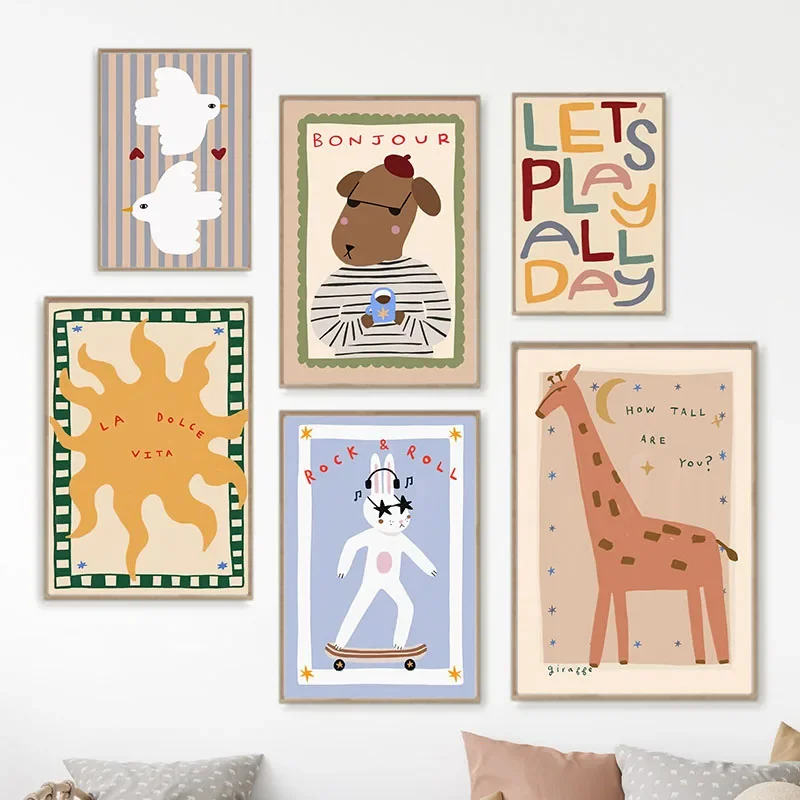 Multiple sizes 1pc frameless Canvas Painting,Bohemian Sun Bear Giraffe Bird Animal Cartoon Poster Prints Canvas Painting Wall Ar