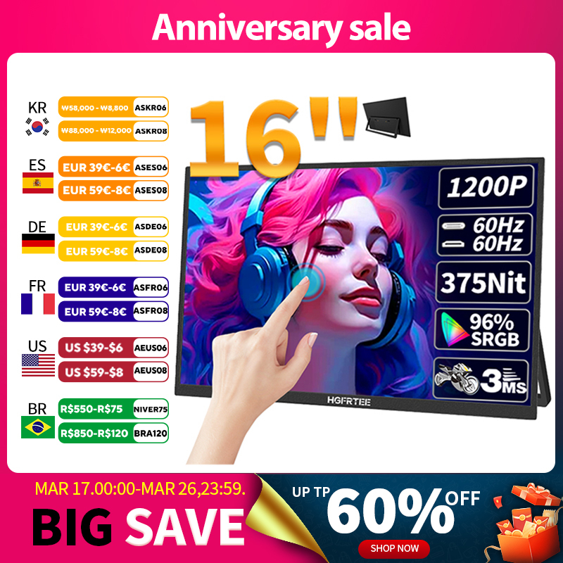 HGFRTEE 16inch Touch Portable Monitor 16:10 96%sRGB 350Cd/m² Second Screen For Laptop With Holder Stand Type-C HDMI-Compatible