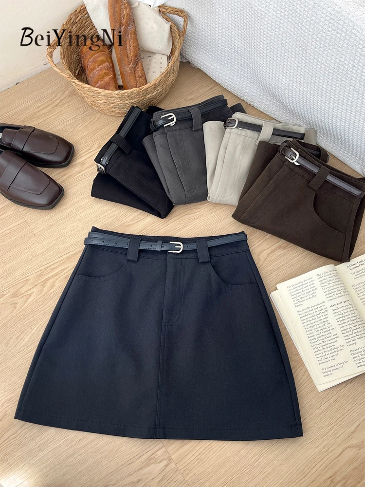 Beiyingni Koreańskie Eleganckie Krótkie Spódnice Damskie Casualowe Wyszczuplające Eleganckie Spódnice z Wysokim Stanem w Kształcie Litery A Uniwersalne Spódnice Garniturowe Damskie na Rok 2025