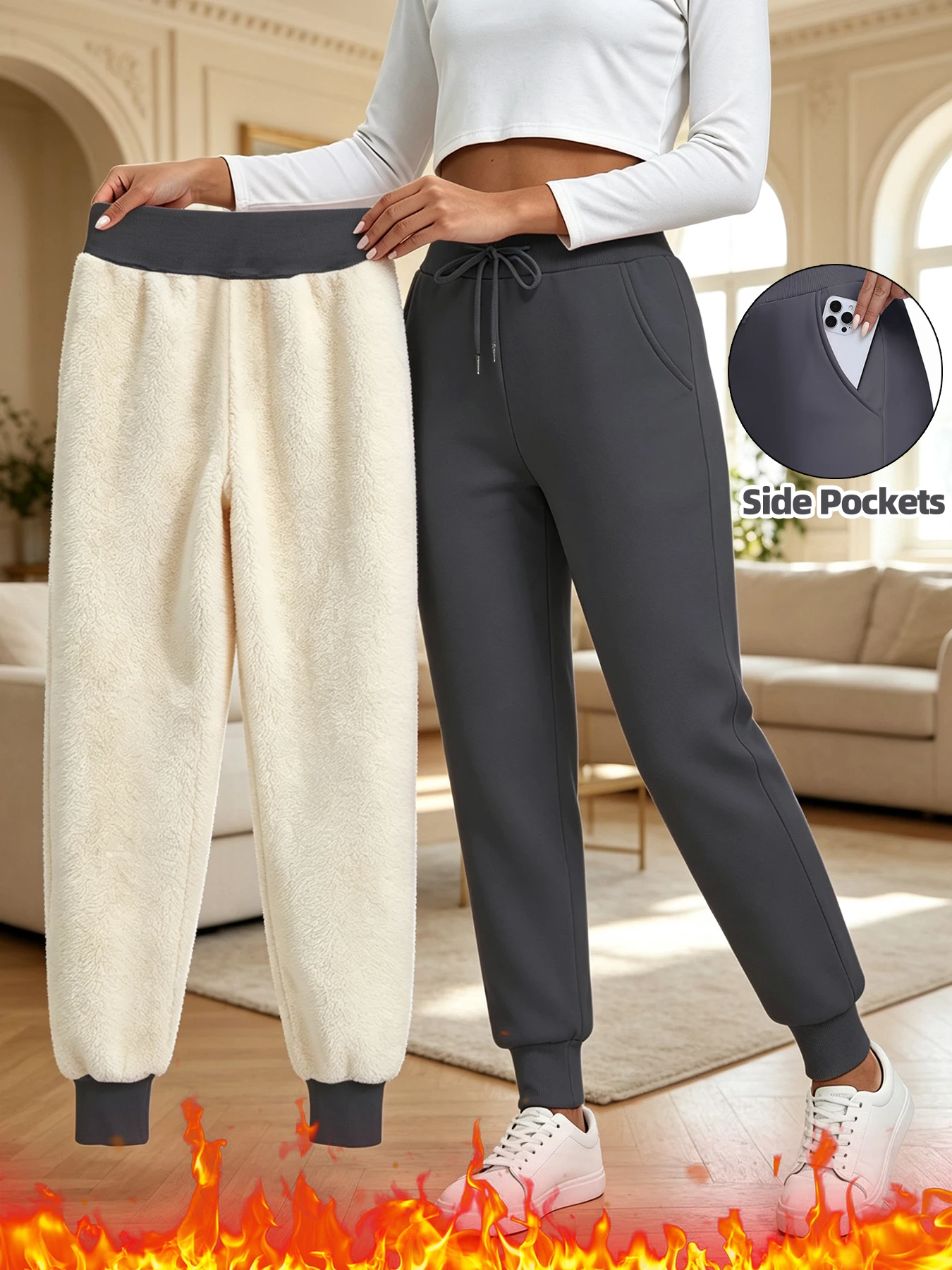 Solid Color Womens Velvet Sweatpants Pocket Casual Warm Pants Outdoor Sports Jogging Pants Daily Running Trousers Gym Fitness