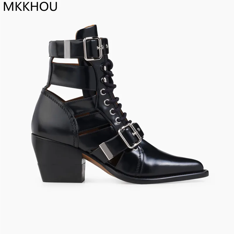 MKKHOU Fashion Short Boots Women New Leather Hollow Pointed Toe Belt Buckle Thick Heel 6.5cm High Heel Leather Boots Retro Punk