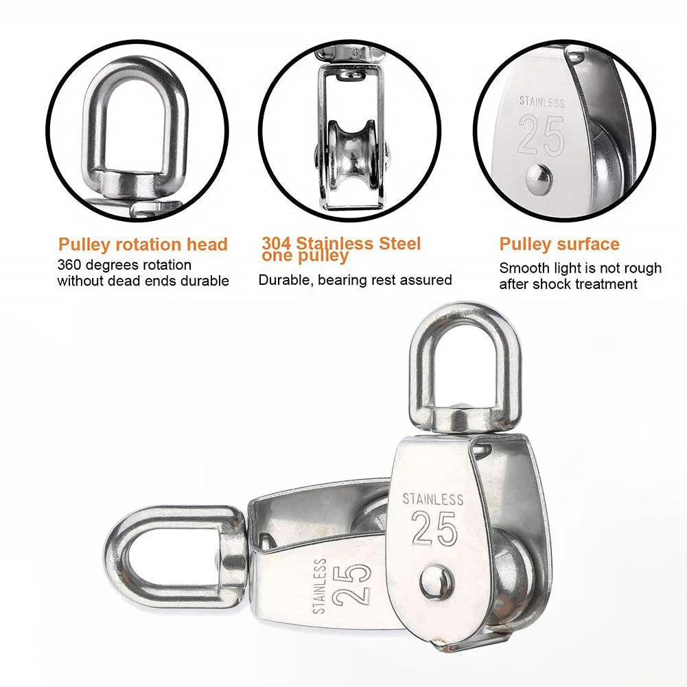 1PC Single Pulley Block 304 Stainless Steel Rope Pulley Cable Pulley Roller for System Lifting Hanging Wire Towing Wheel