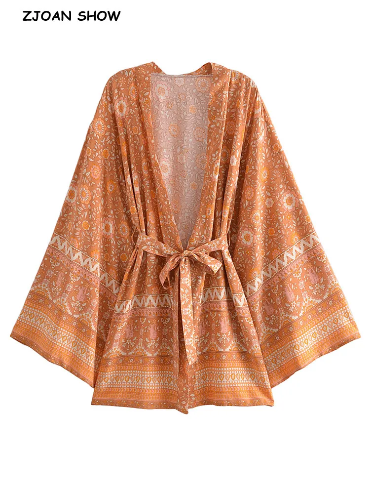 BOHO Women Orange Flower Print Kimono Shirt Holiday Tide Bow Sashes Mid Long Cardigan Bat Sleeve Summer Beach Blouse Tops