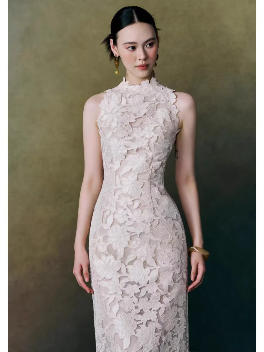 

White Lace Hollow out Neline Qipao Wedding Dr for Engagement And Banquet Long Evening Gown with Zipper Vintage Sle