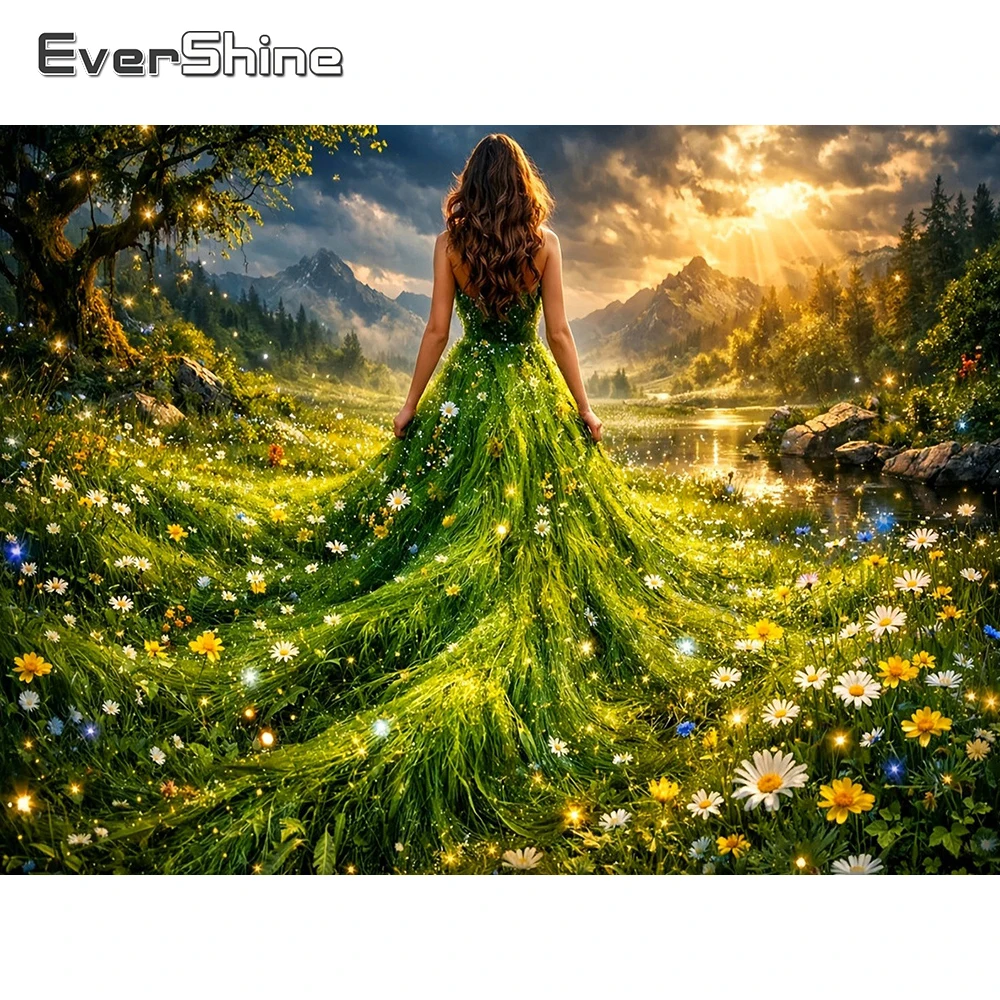 EverShine Diamant-Mosaik-Porträt Mädchen Vollbesetztes Stickerei-Gänseblümchen-Bild aus Strass-Malerei Bergmotiv Handgemachtes Geschenk