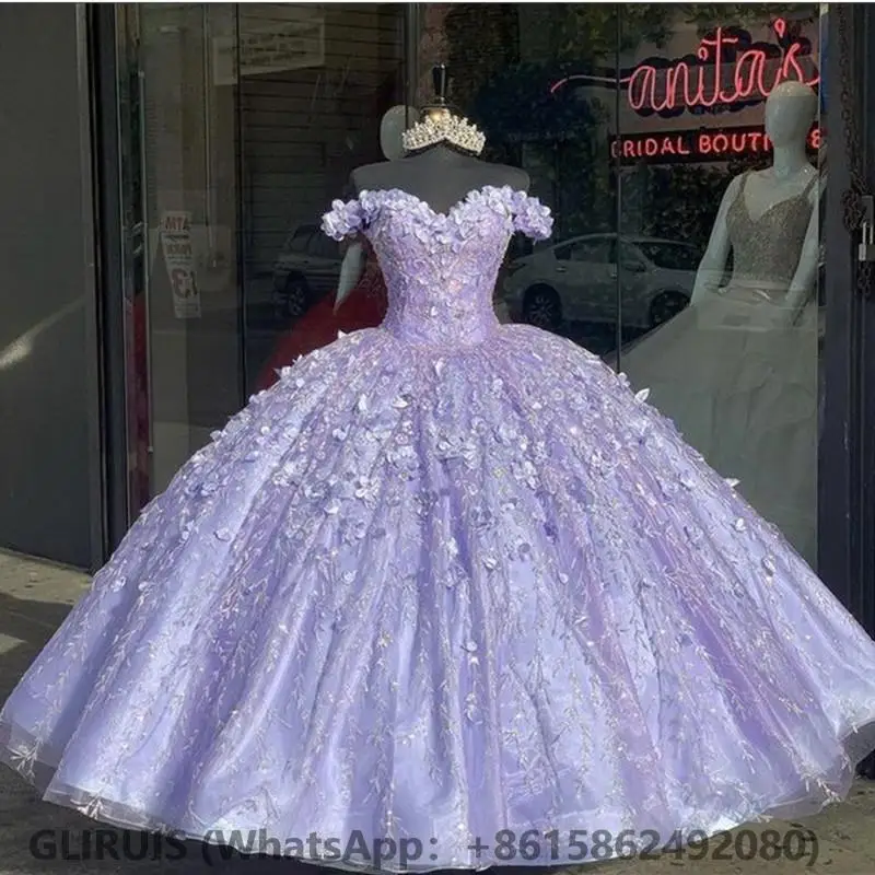 Lavender Appliqued Ball Gowns Off The Shoulder Quinceanera dresses 3D Flowers 15 Year Customized