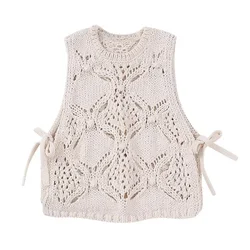 Sexy Side Vents O Neck Female Waistcoat Chic Tops  Women Fashion With Tassel Open Knit Crop Vest Sweater