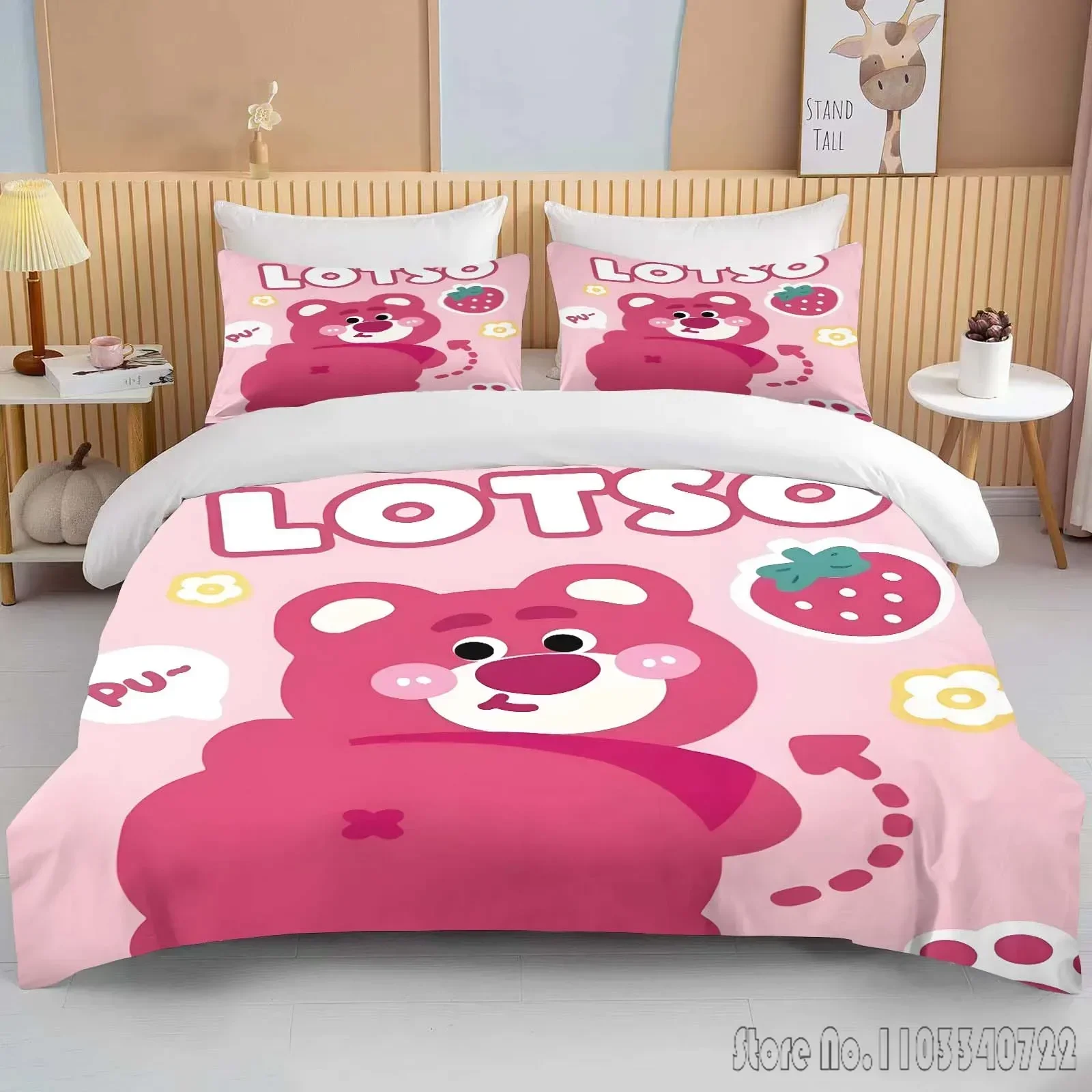 Bear Lotso Toy Story Printed Bedding Set Duvet Cover Anime Quilt Adult Kids Birthday Gift Full Size King Size Bedding Set