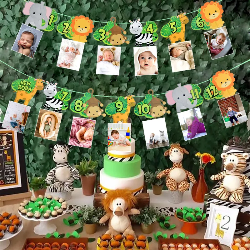 12 Months Animal Photo Frame Banners Jungle Theme Baby First Happy Birthday Photo Garland For Kids One Year Birthday Party Decor