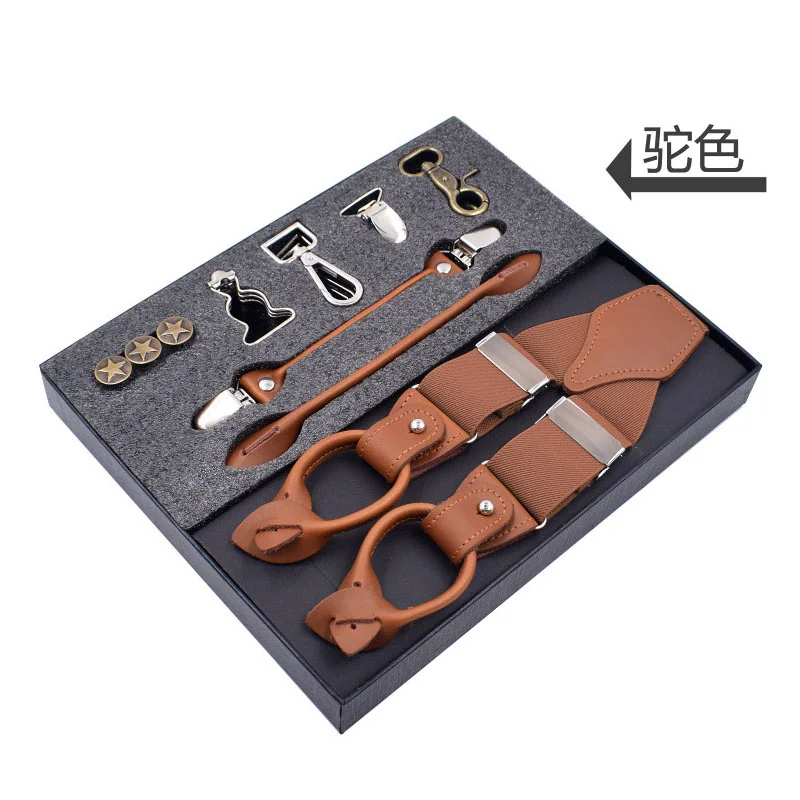 Kit bretelle da uomo in lega di pelle 6 clip bretelle uomo Vintage Casual bretella pantaloni cinturino regalo di natale con ganci