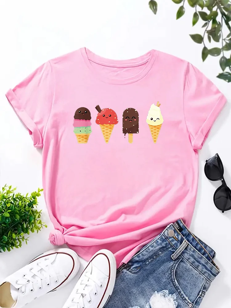 2024 New Summer Ice Cream Enthusiast T-shirt Fun Cartoon Ice Cream Pattern Printed Round Neck Women's T-shirt - view 2