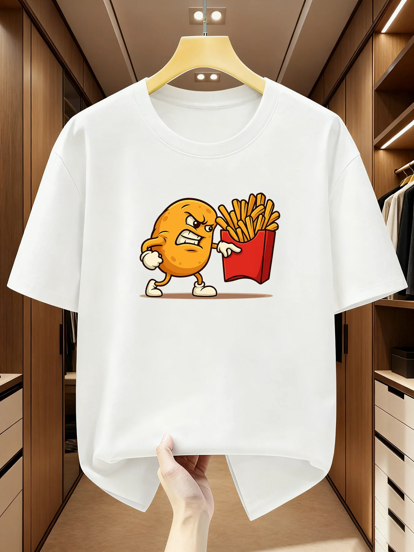 Cartoon French Fries Potato Figure Pattern Round Neck Short Sleeved T-shirt Comfortable Casual Short Sleeved T-shirt in Summer