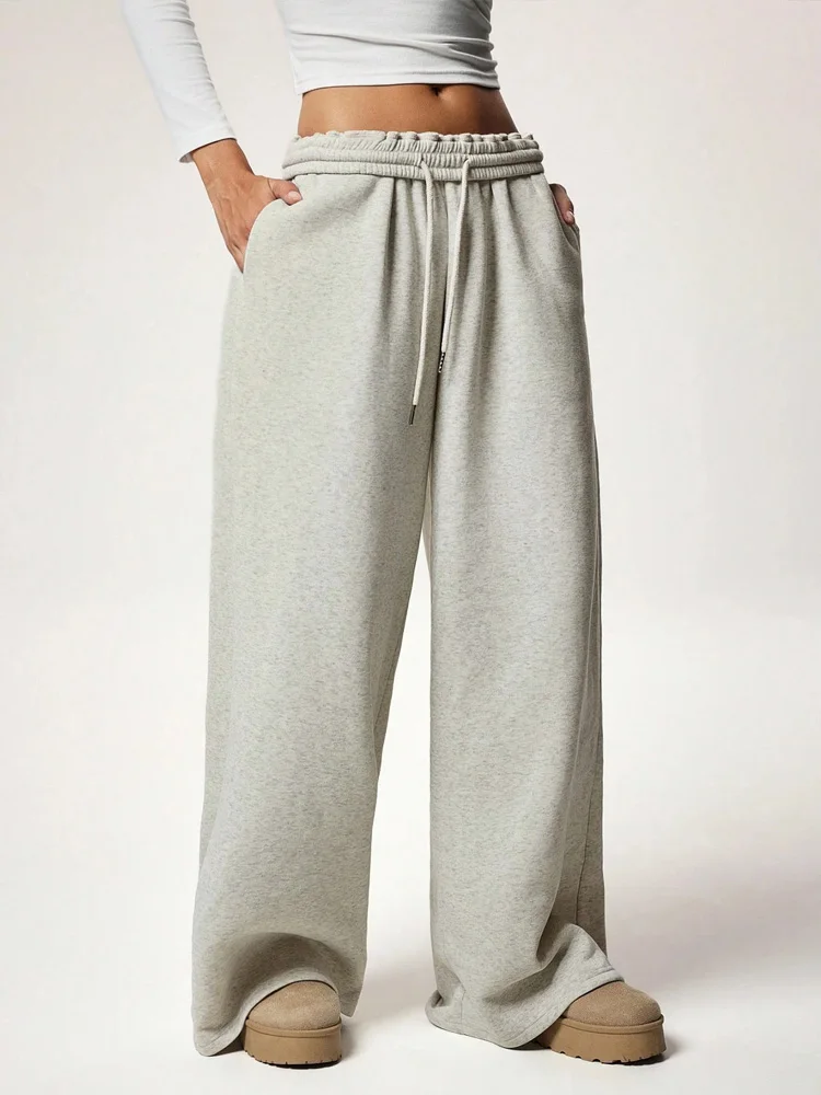 Autumn Winter Fleece-lined Wide Leg Long Pants Women Casual Loose Elastic Waist Women's Trousers Lady's Sport Pant