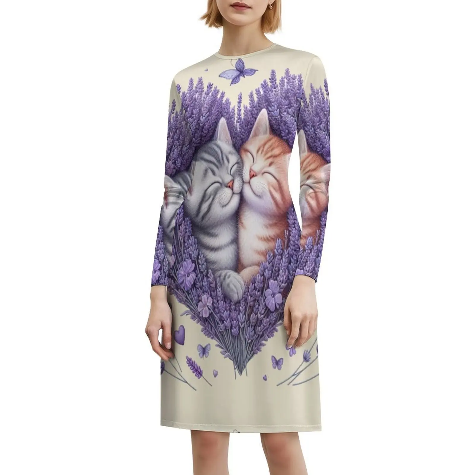 زهور اللافندر تابي القطط الحب قلوب رسم فستان بوهيمي عتيق بأكمام منتفخة أو خيارات بلا أكمام لفستان النساء #6