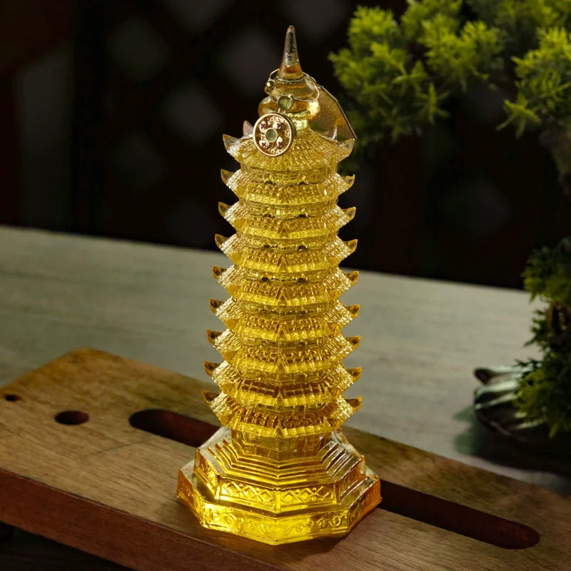Feng Shui 9 Layer Crystal Glass Liuli WenChang Pagoda Desk Ornament, Pass Gift for Students Desktop Decor